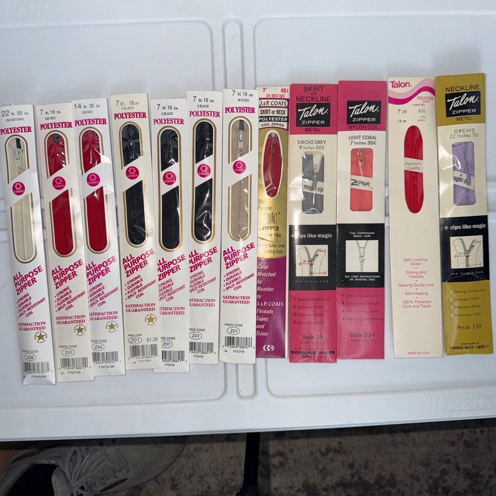 Vintage Zipper‎ Lot 12pc Talon J&P Coats Metal Polyester 7-22in Black Red Orchid